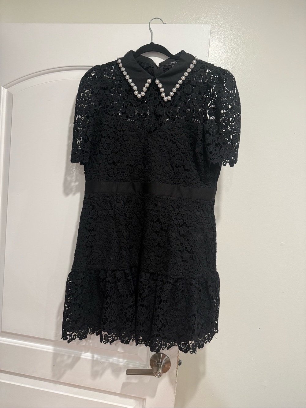 Aqua Black Lace Mini Dress with Pearl Collar
